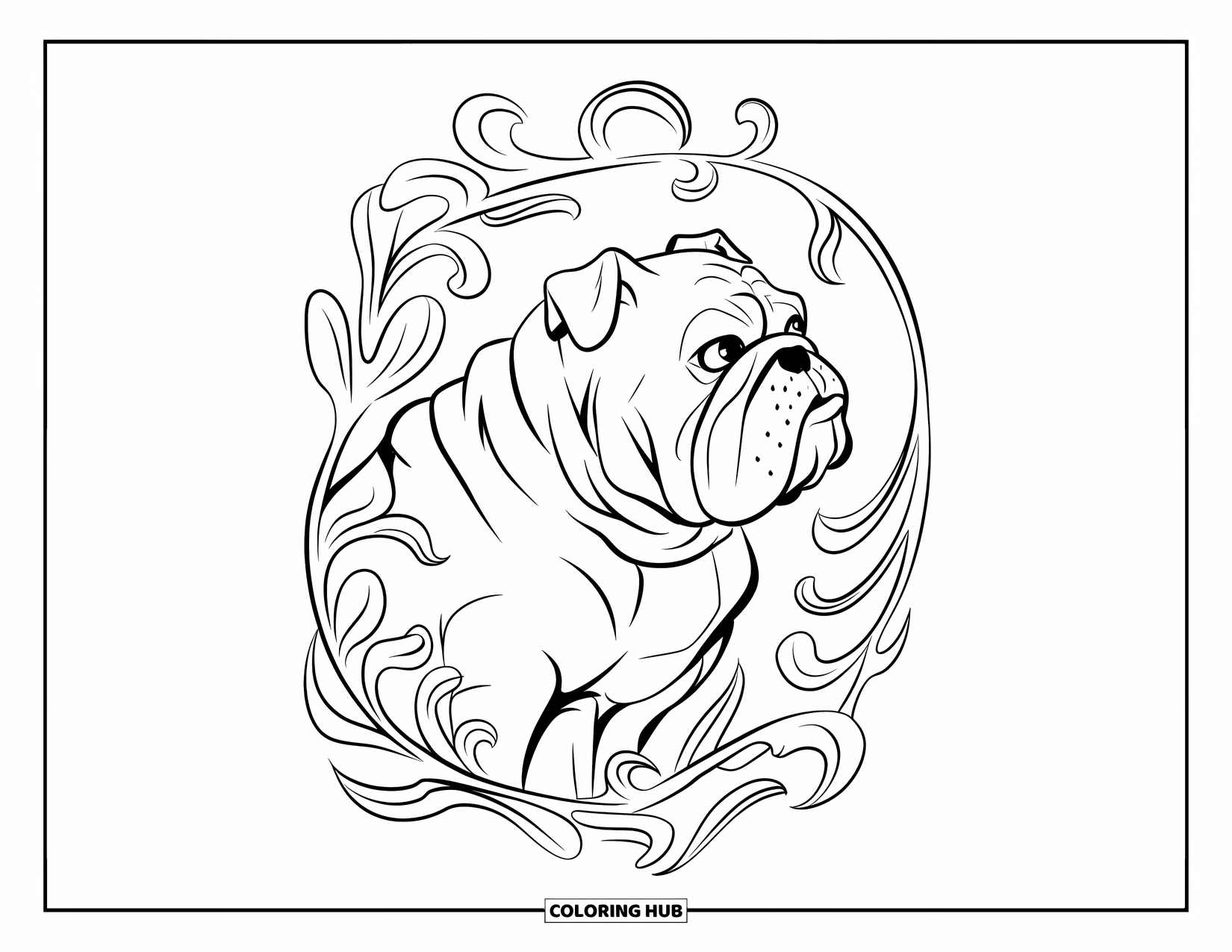 Bulldog Coloring Page for Adults: A calm bulldog is wrapped in elegant, swirling art nouveau-style vines