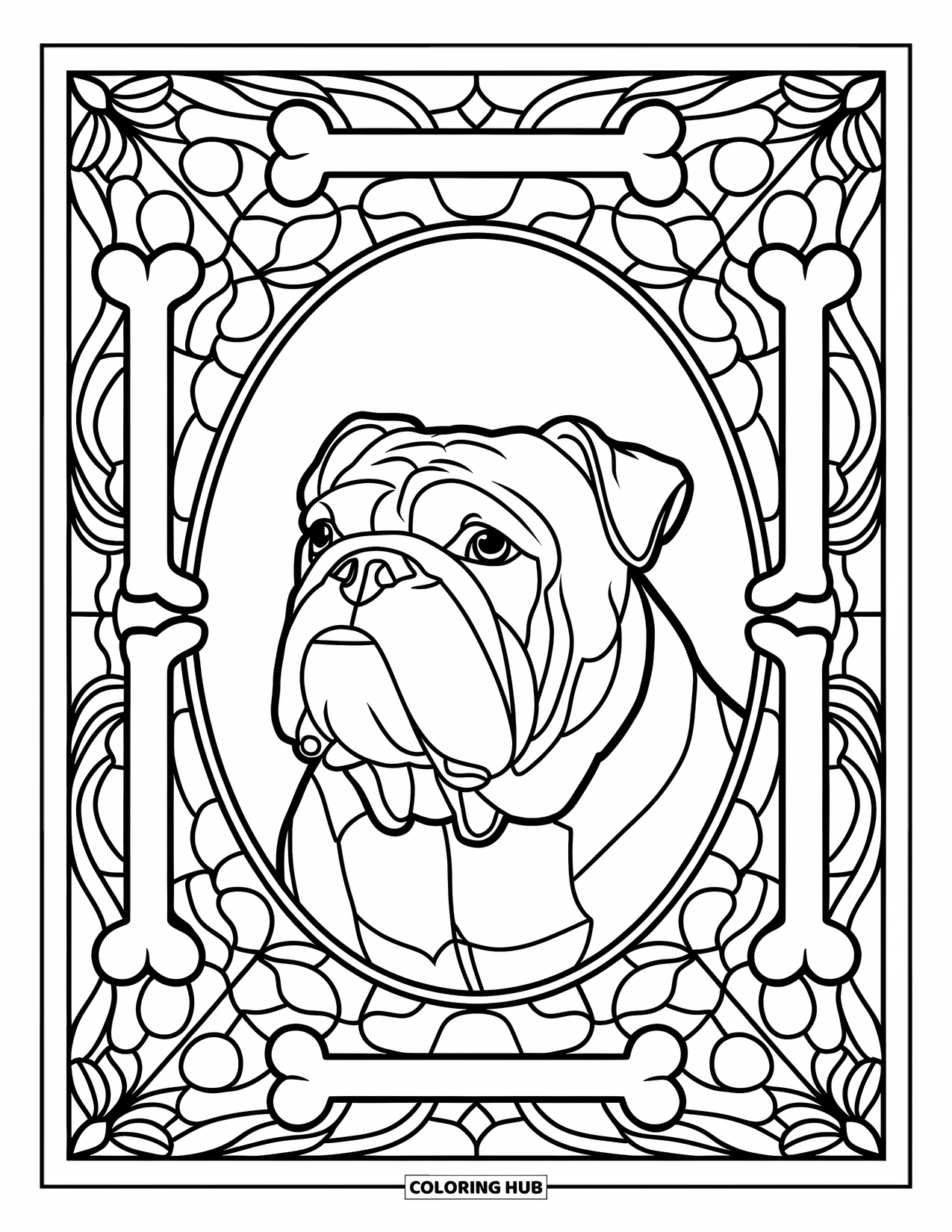Bulldog Coloring Page for Adults: A centered bulldog portrait sits inside a stained-glass frame of petals and bones