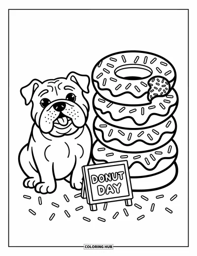 Desen de colorat cu bulldog pentru adulți: Un bulldog zâmbitor pozează lângă un turn de gogoși și un panou cu mesajul "Donut Day"