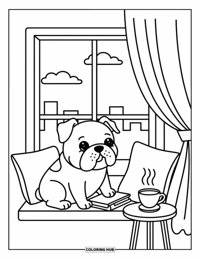 Desen de colorat cu bulldog pentru adulți: Un bulldog se relaxează lângă fereastră cu perne, o carte și o băutură mică