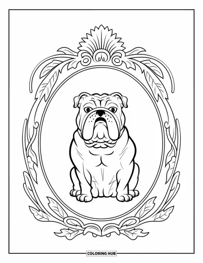 Desen de colorat cu bulldog pentru adulți: Un bulldog încoronat pozează într-un cadru oval decorativ de viță de vie