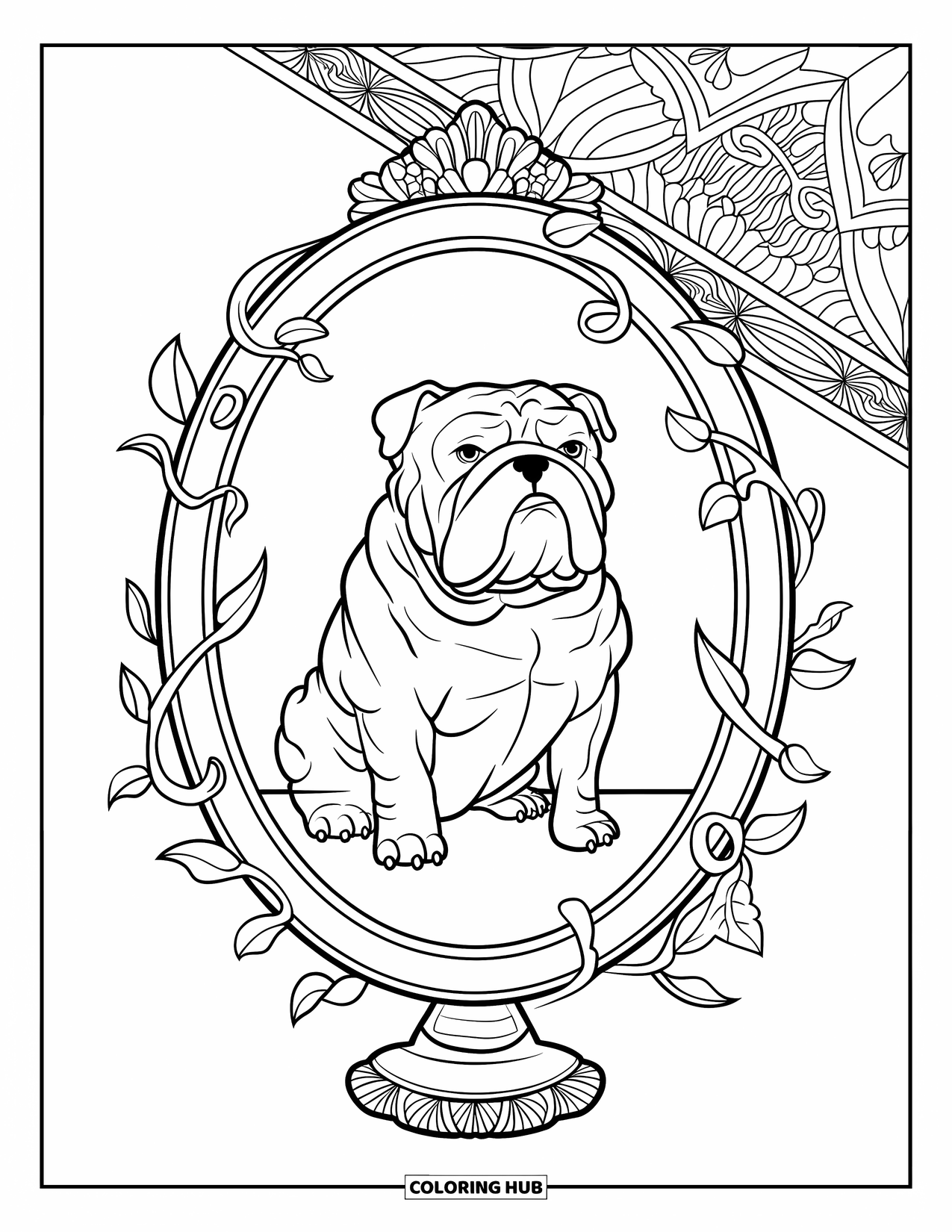 Bulldog Coloring Page for Adults: A crowned bulldog rests in a vine-covered frame with elegant patterns and borders