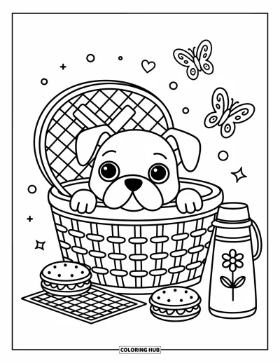 Desen de colorat cu bulldog pentru adulți: Un bulldog curios stă într-un coș înconjurat de gustări, un șervețel și un fluture