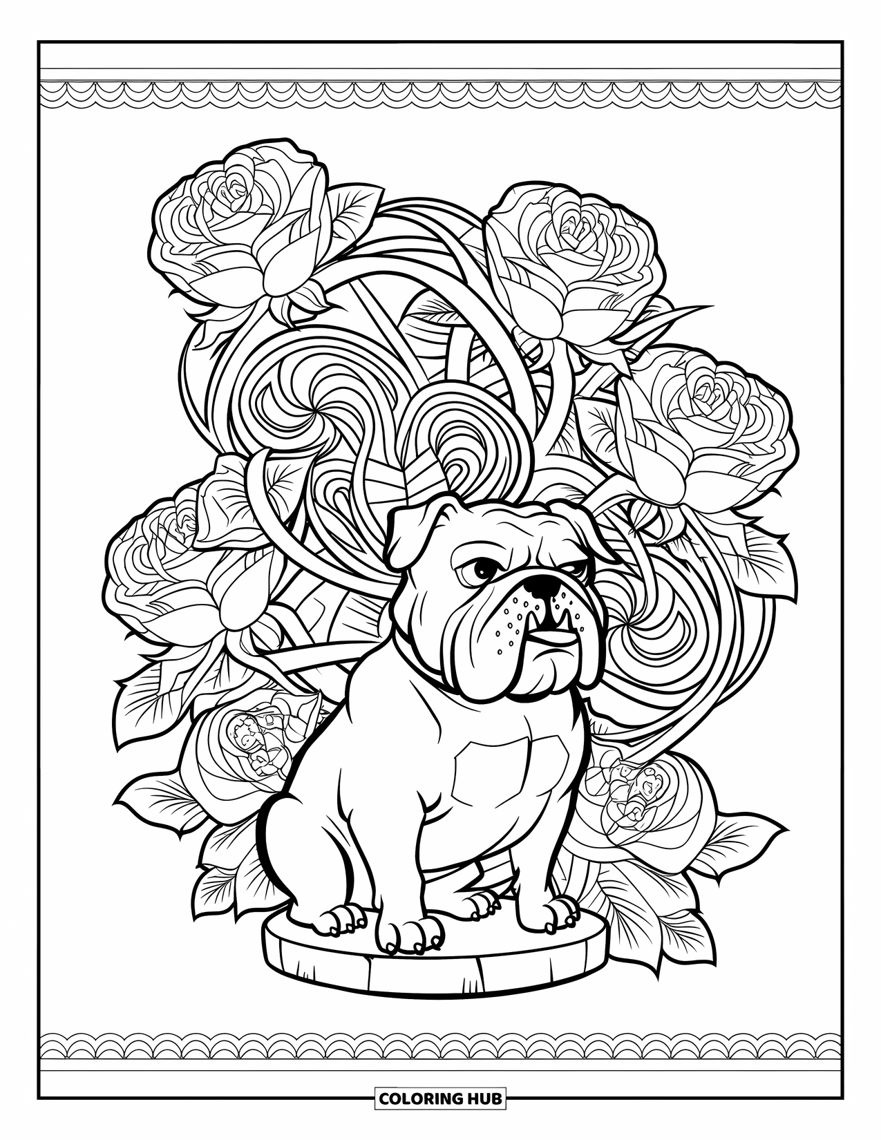 Bulldog Coloring Page for Adults: A happy bulldog sits among blooming roses and swirling botanical spirals