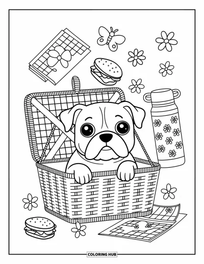Desen de colorat cu bulldog pentru adulți: Un bulldog mic se ascunde într-un coș de picnic cu sandvișuri, un fluture și un termos