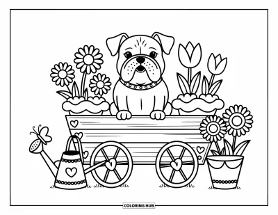 Desen de colorat cu bulldog pentru adulți: Un bulldog mic stă vesel într-un cărucior de flori lângă un fluture și o stropitoare