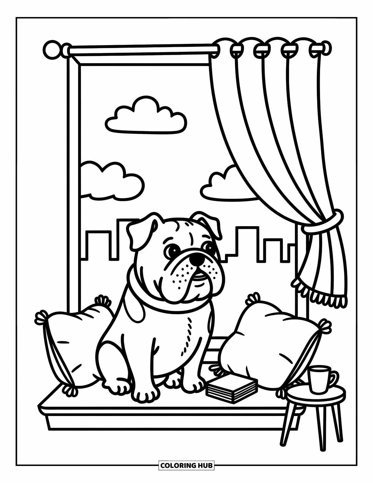 Bulldog Coloring Page for Adults: A peaceful bulldog looks outside from a comfy windowsill with a book and a mug