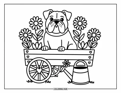 Desen de colorat cu bulldog pentru adulți: Un bulldog mândru stă într-un cărucior de flori cu ghivece de margarete, lalele și floarea-soarelui