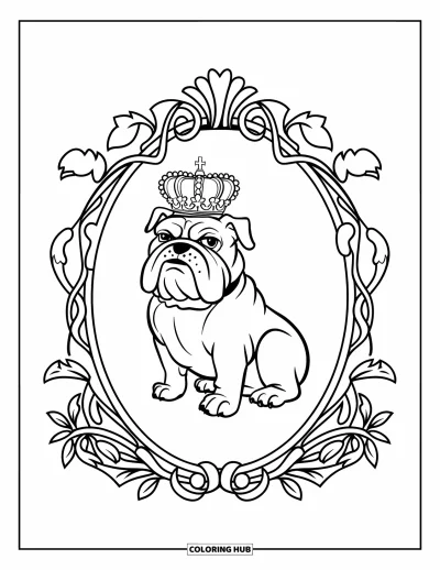Desen de colorat cu bulldog pentru adulți: Un bulldog regal stă mândru într-un cadru ornamentat cu viță de vie