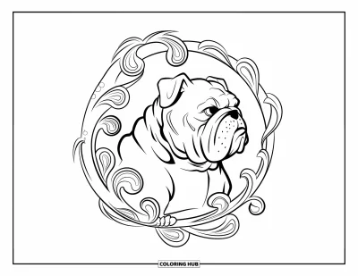 Desen de colorat cu bulldog pentru adulți: Un bulldog văzut din profil se odihnește printre viță de vie cu modele Art Nouveau