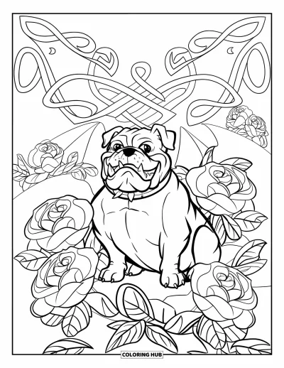 Desen de colorat cu bulldog pentru adulți: Un bulldog zâmbitor cu zgardă stă printre trandafiri detaliate și viță de vie cu frunze ondulate