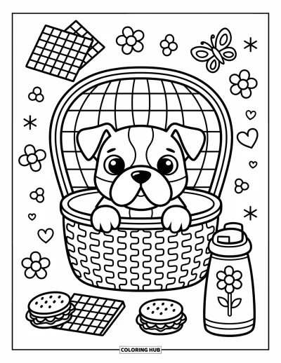Desen de colorat cu bulldog pentru adulți: Un bulldog drăguț privește dintr-un coș de picnic cu un termos decorat cu flori alături
