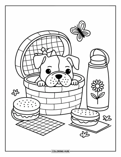 Desen de colorat cu bulldog pentru adulți: Un cățeluș bulldog mic privește dintr-un coș de picnic cu sandvișuri, un termos și un fluture