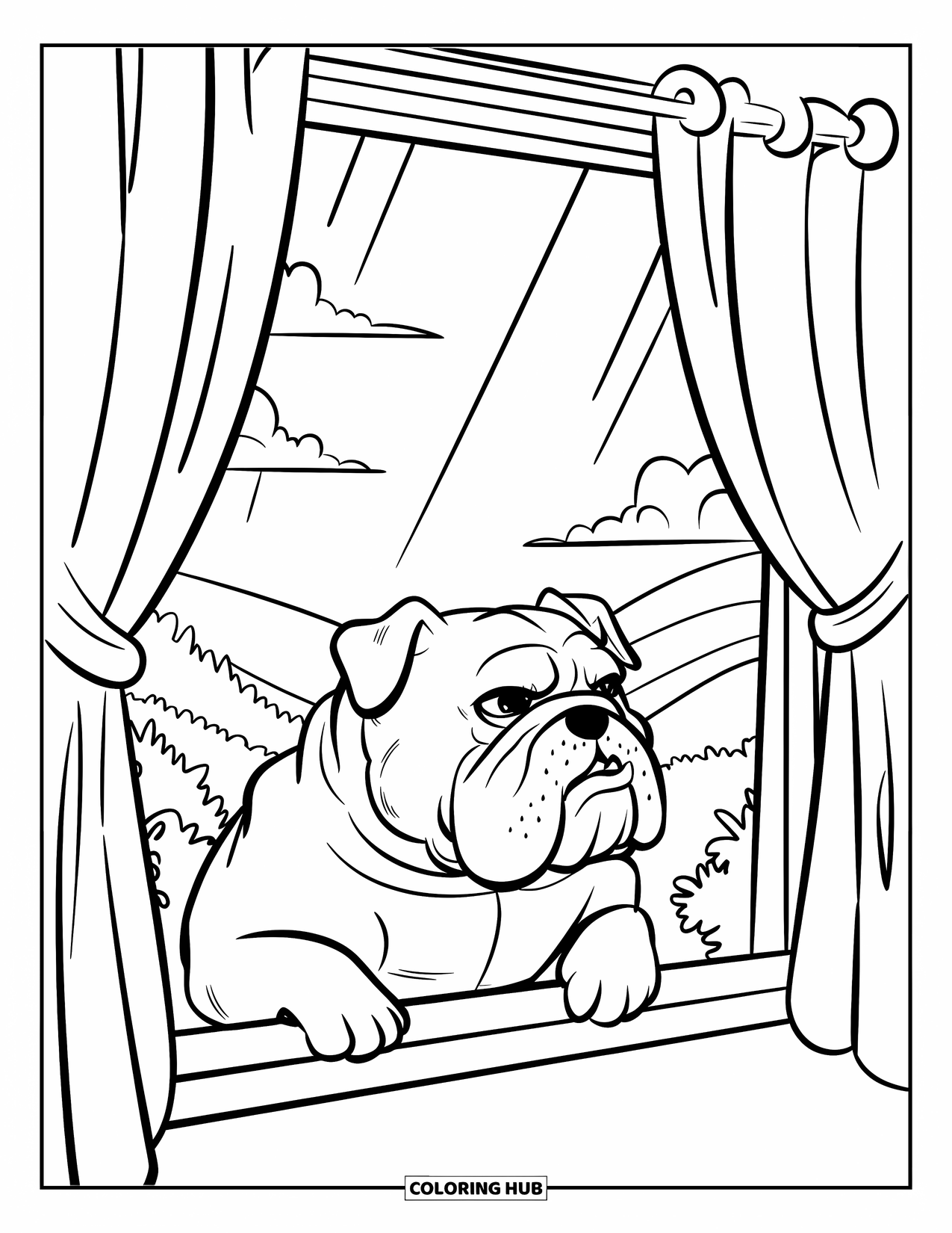 Bulldog Coloring Page for Kids: A bulldog gazes out a window at rolling hills and trees beyond