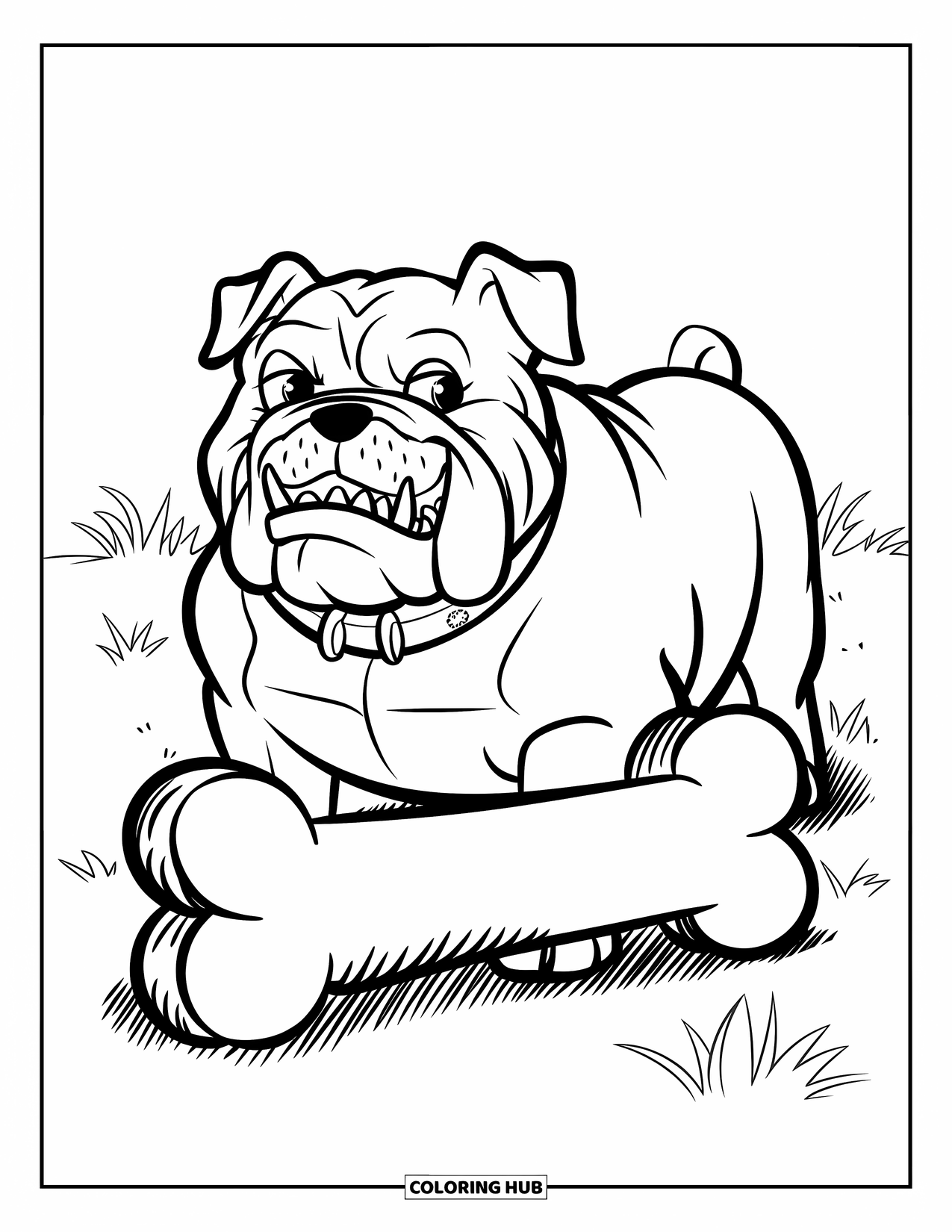 Bulldog Coloring Page for Kids: A bulldog in a collar smiles beside a huge bone in the grass