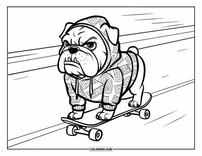 Desen de colorat cu bulldog pentru copii: Un bulldog în hanorac merge pe skateboard cu un aer relaxat și sigur pe el
