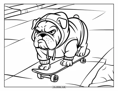Desen de colorat cu bulldog pentru copii: Un bulldog în hanorac roșu merge serios pe skateboard pe o alee asfaltată