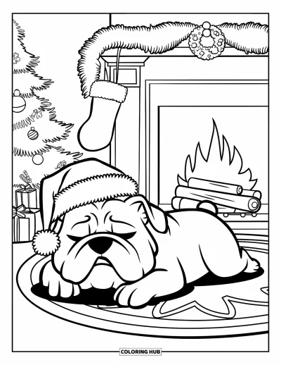 Desen de colorat cu bulldog pentru copii: Un bulldog cu căciulă de Moș Crăciun moțăie pe un covor lângă un șemineu de Crăciun aprins