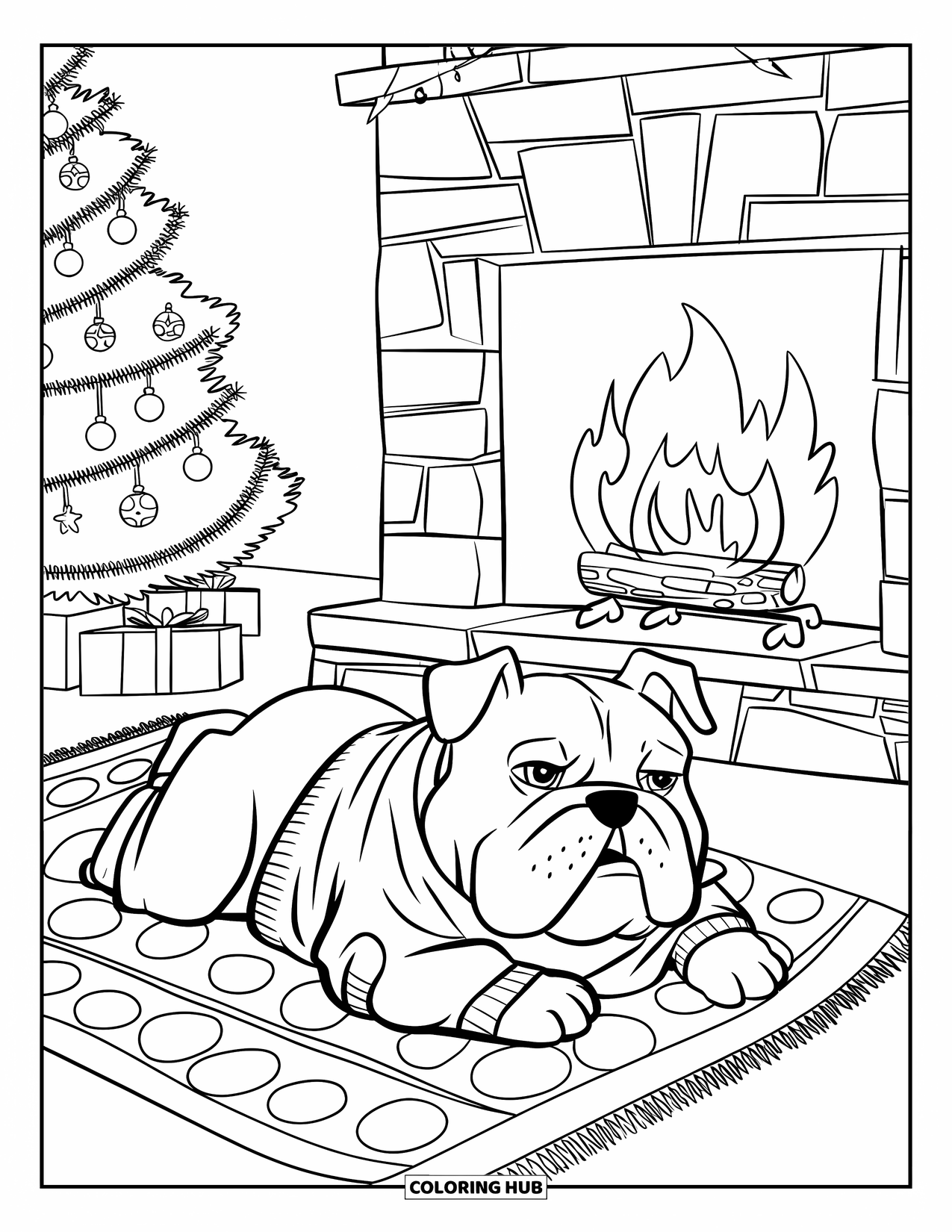 Bulldog Coloring Page for Kids: A bulldog in a sweater rests on a rug near a glowing fireplace and tree