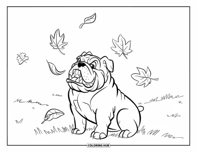 Desen de colorat cu bulldog pentru copii: Un bulldog prinde jucăuș frunze care plutesc pe un câmp cu iarbă