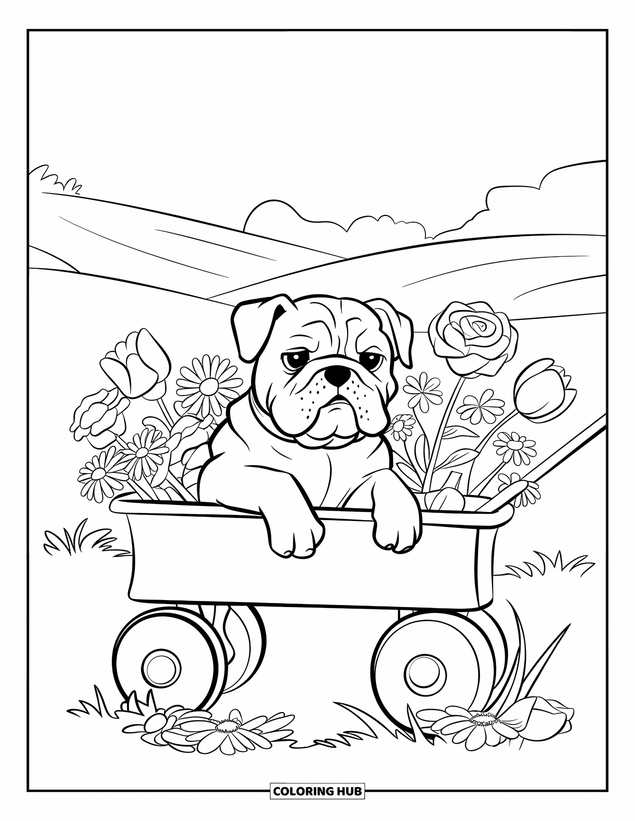 Bulldog Coloring Page for Kids: A bulldog puppy peeks over a wagon full of flowers in a peaceful landscape