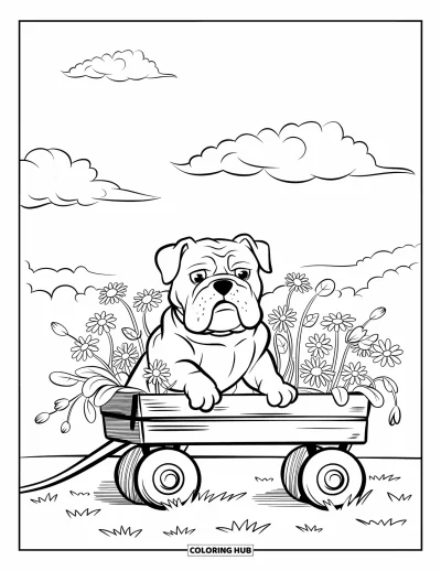Desen de colorat cu bulldog pentru copii: Un cățeluș bulldog se odihnește într-un cărucior plin cu flori sub un cer înnorat