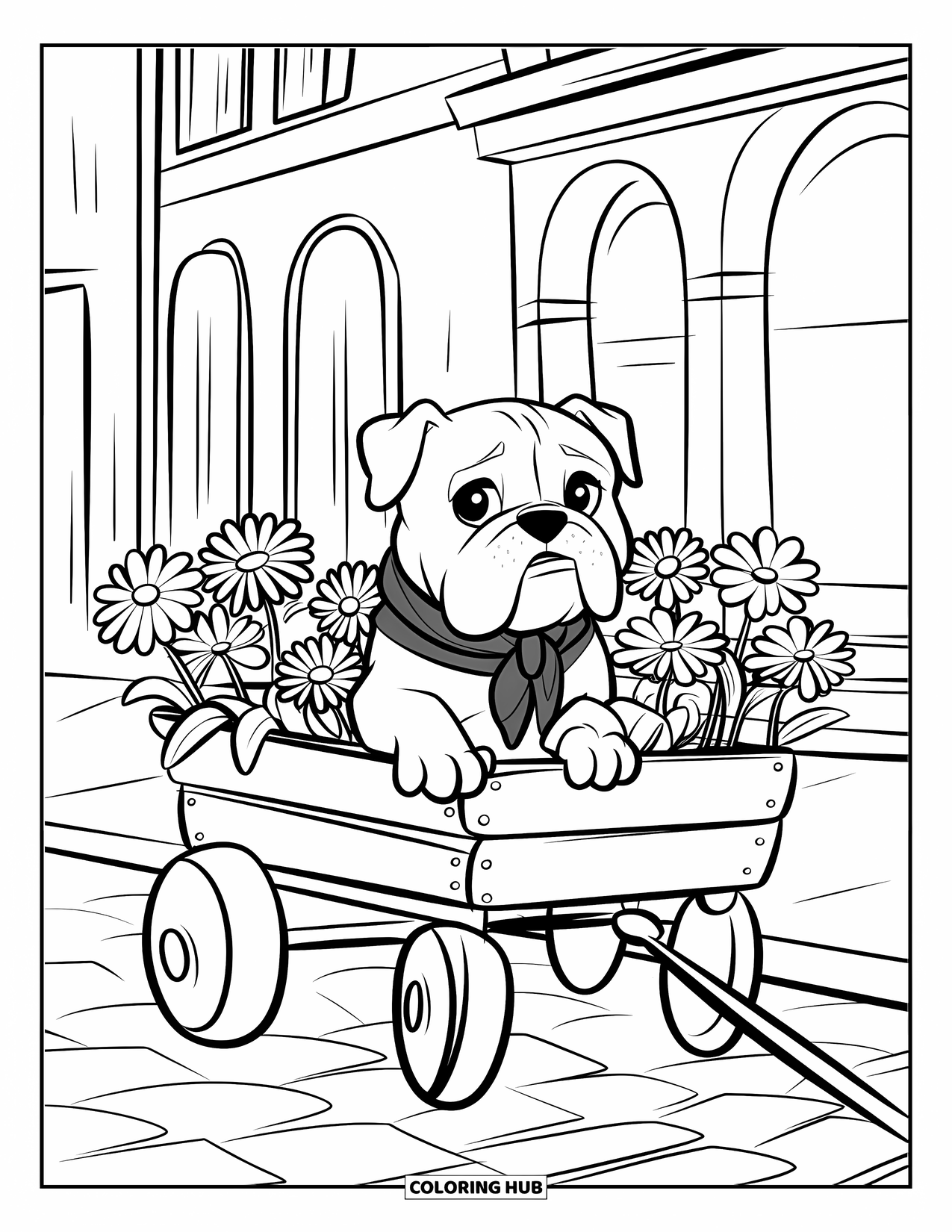 Bulldog Coloring Page for Kids: A bulldog puppy sits in a flower-filled wagon on a cobblestone street