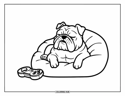 Desen de colorat cu bulldog pentru copii: Un bulldog se relaxează pe o pernă mare cu o telecomandă alături