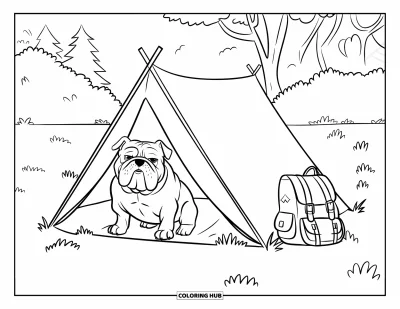Desen de colorat cu bulldog pentru copii: Un bulldog se odihnește într-un cort ridicat pe un câmp cu iarbă și copaci în spate