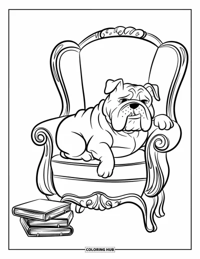 Desen de colorat cu bulldog pentru copii: Un bulldog se odihnește într-un fotoliu vintage cu cărți împrăștiate în jur
