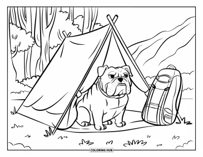 Desen de colorat cu bulldog pentru copii: Un bulldog stă într-un cort cu un rucsac alături în pădure