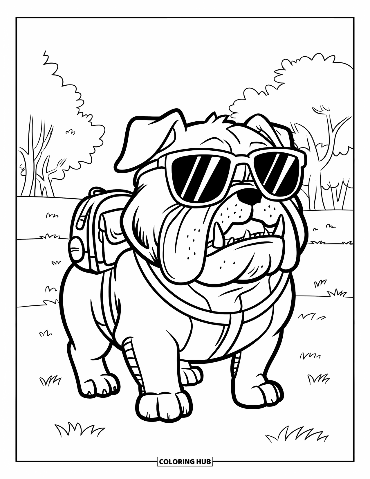 Bulldog Coloring Page for Kids: A bulldog wearing sunglasses and a tiny backpack stands proudly on the grass