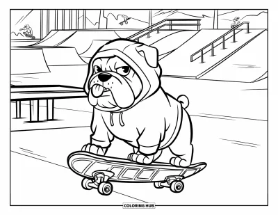Desen de colorat cu bulldog pentru copii: Un bulldog cu limba scoasă merge pe skateboard printr-un skate park animat