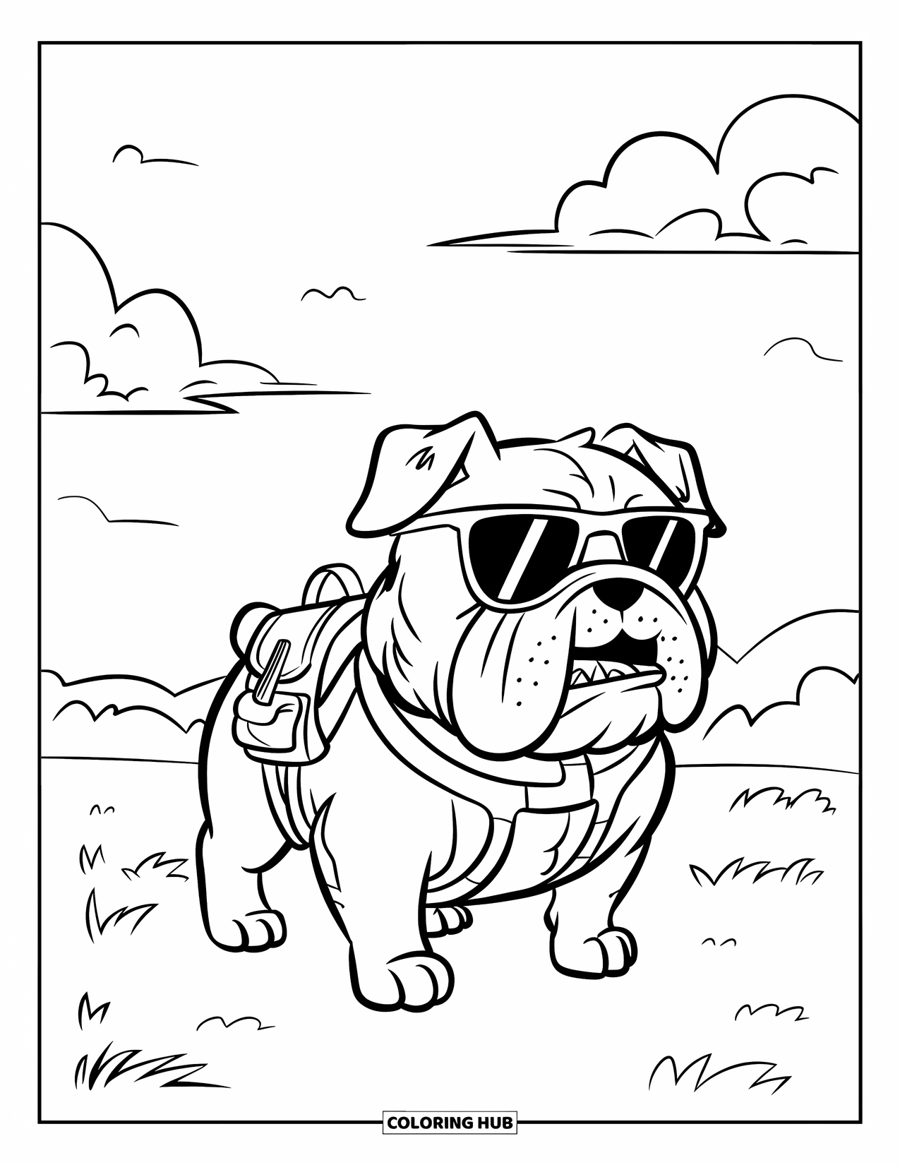 Bulldog Coloring Page for Kids: A bulldog with sunglasses and a small backpack stands in a field with clouds above