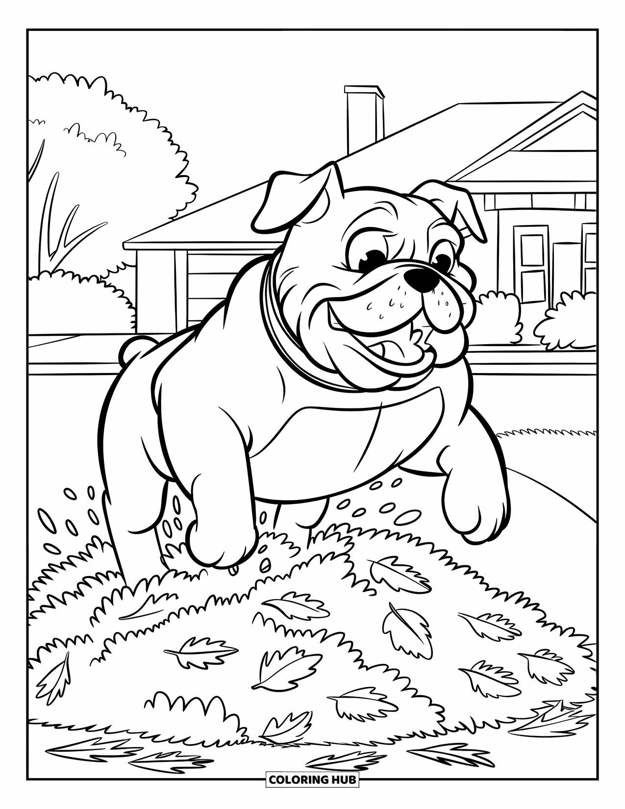Bulldog Coloring Page for Kids: A cheerful bulldog jumps into leaves near a cozy house and trees