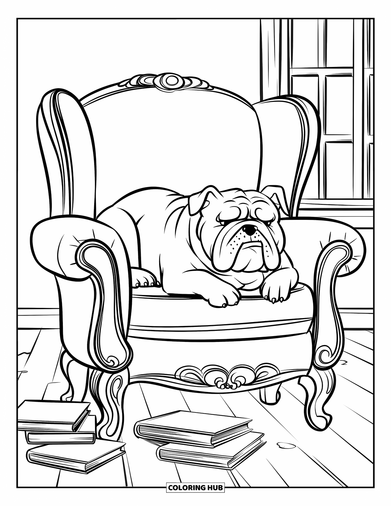 Bulldog Coloring Page for Kids: A content bulldog lounges on an armchair near a window with scattered books