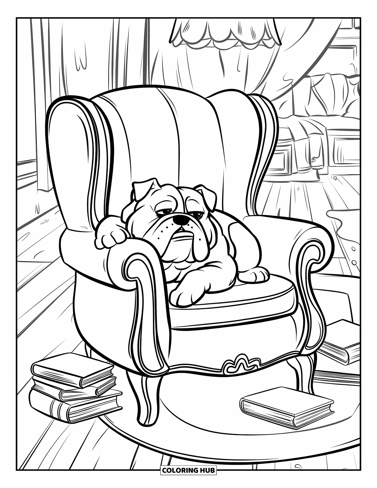 Bulldog Coloring Page for Kids: A happy bulldog lies on a vintage chair with books in a comfy room