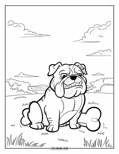 Desen de colorat cu bulldog pentru copii: Un bulldog vesel pozează cu un os uriaș pe un câmp liniștit