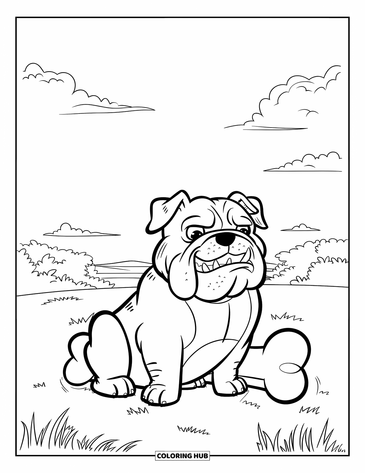 Bulldog Coloring Page for Kids: A happy bulldog poses with a giant bone in a peaceful field