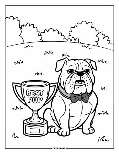 Desen de colorat cu bulldog pentru copii: Un bulldog fericit cu papion stă lângă un trofeu pe un câmp cu iarbă