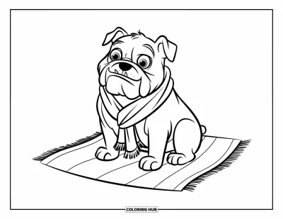 Desen de colorat cu bulldog pentru copii: Un bulldog fericit cu ochi mari stă comod pe un covoraș
