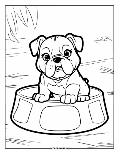 Desen de colorat cu bulldog pentru copii: Un cățeluș bulldog jucăuș se uită dintr-un bol uriaș de câine