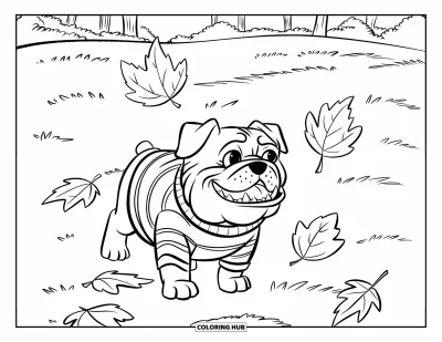 Desen de colorat cu bulldog pentru copii: Un bulldog zâmbitor în pulover prinde frunze pe un câmp cu copaci rari