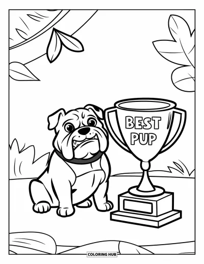 Desen de colorat cu bulldog pentru copii: Un bulldog zâmbitor cu zgardă verde pozează mândru lângă un trofeu
