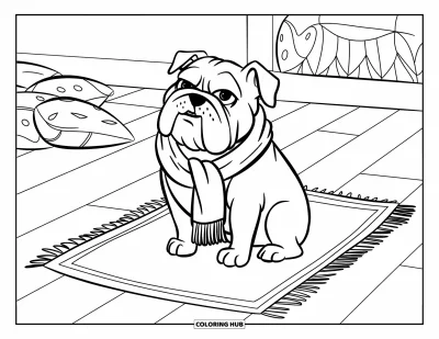 Desen de colorat cu bulldog pentru copii: Un bulldog zâmbitor cu fular stă pe un covoraș lângă perne moi