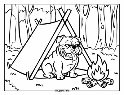 Desen de colorat cu bulldog pentru copii: Un bulldog zâmbitor cu limba scoasă stă într-un cort lângă un foc de tabără