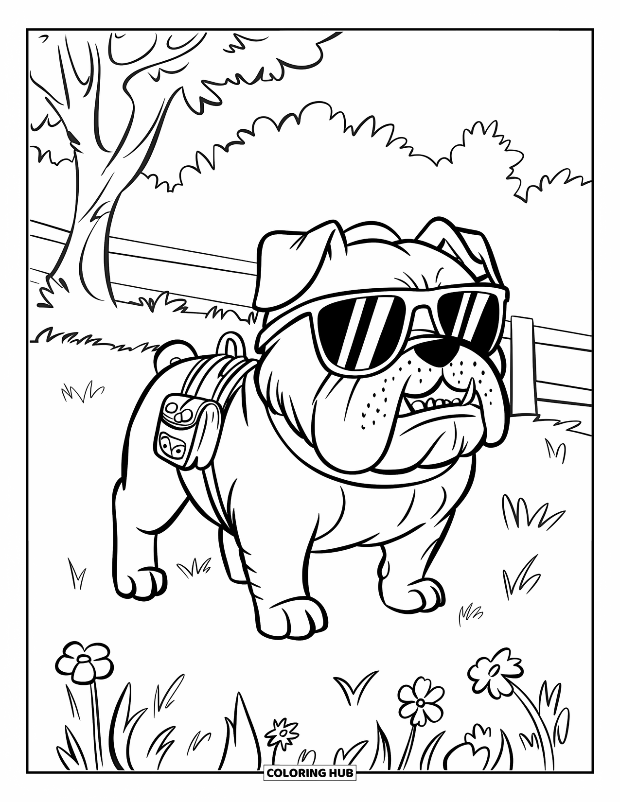 Bulldog Coloring Page for Kids: A stylish bulldog with a backpack and sunglasses stands near flowers and trees