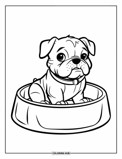 Desen de colorat cu bulldog pentru copii: Un cățeluș bulldog mic stă jucăuș într-un bol mare de câine