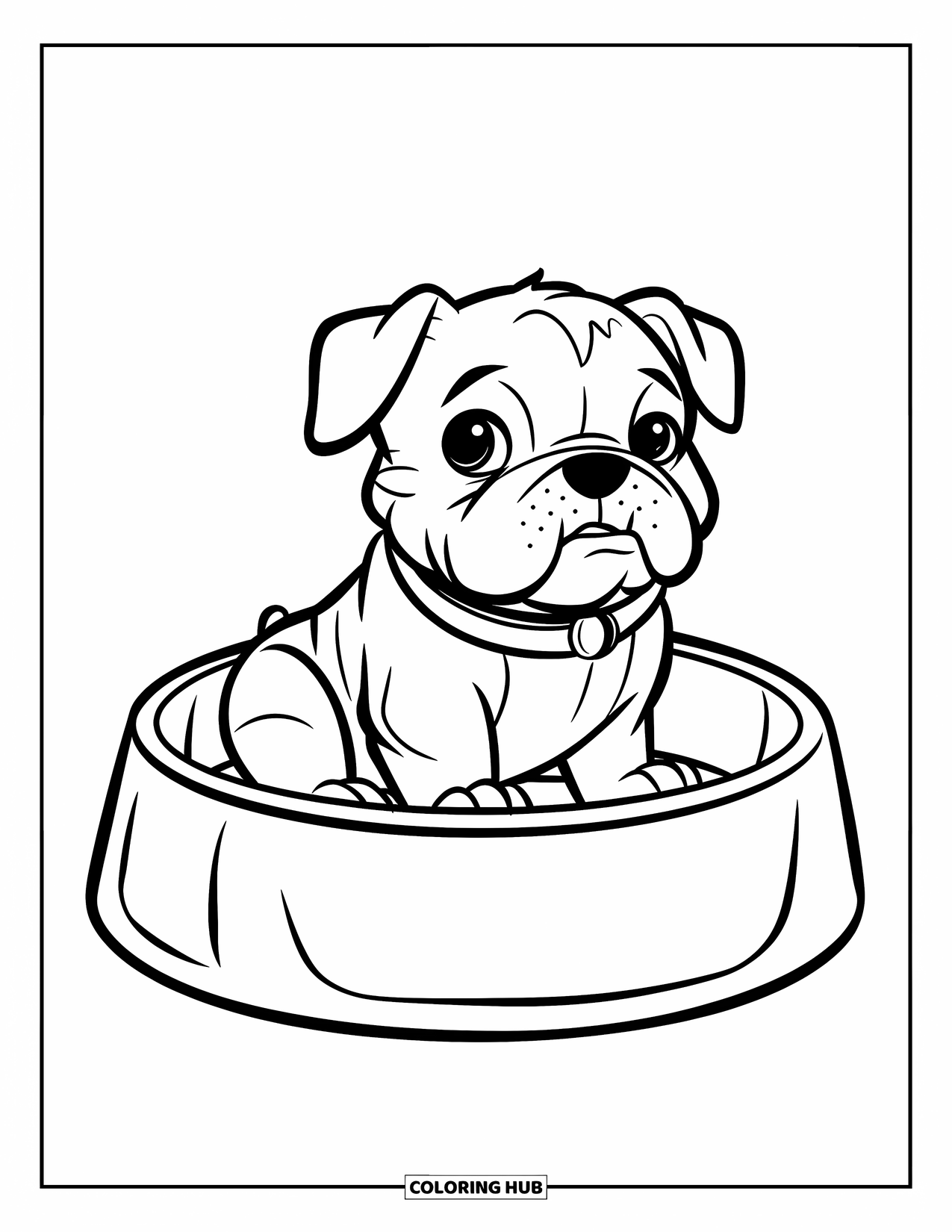 Bulldog Coloring Page for Kids: A tiny bulldog puppy sits playfully inside a big dog bowl