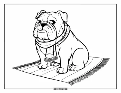 Desen de colorat cu bulldog pentru copii: Un bulldog zbârcit cu fular se odihnește liniștit pe un covoraș moale